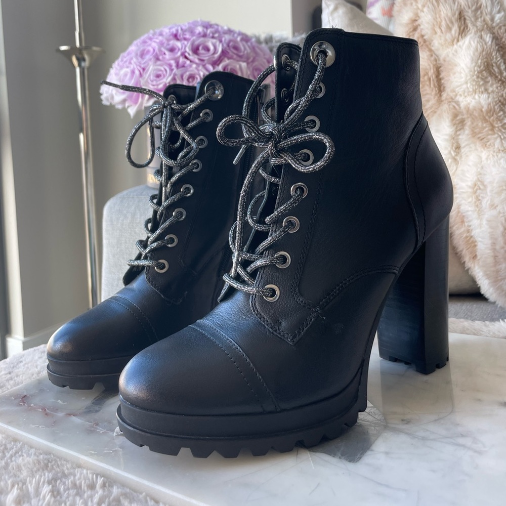 ALDO black combat silver lace up leather chunky block round toe heel booties 9
